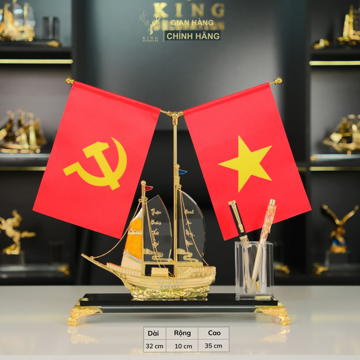 Hộp Cắm Bút Doanh Nhân Thuyền Thuận Buồm Xuôi Gió Đính Đá 2 cờ giữa - KD20