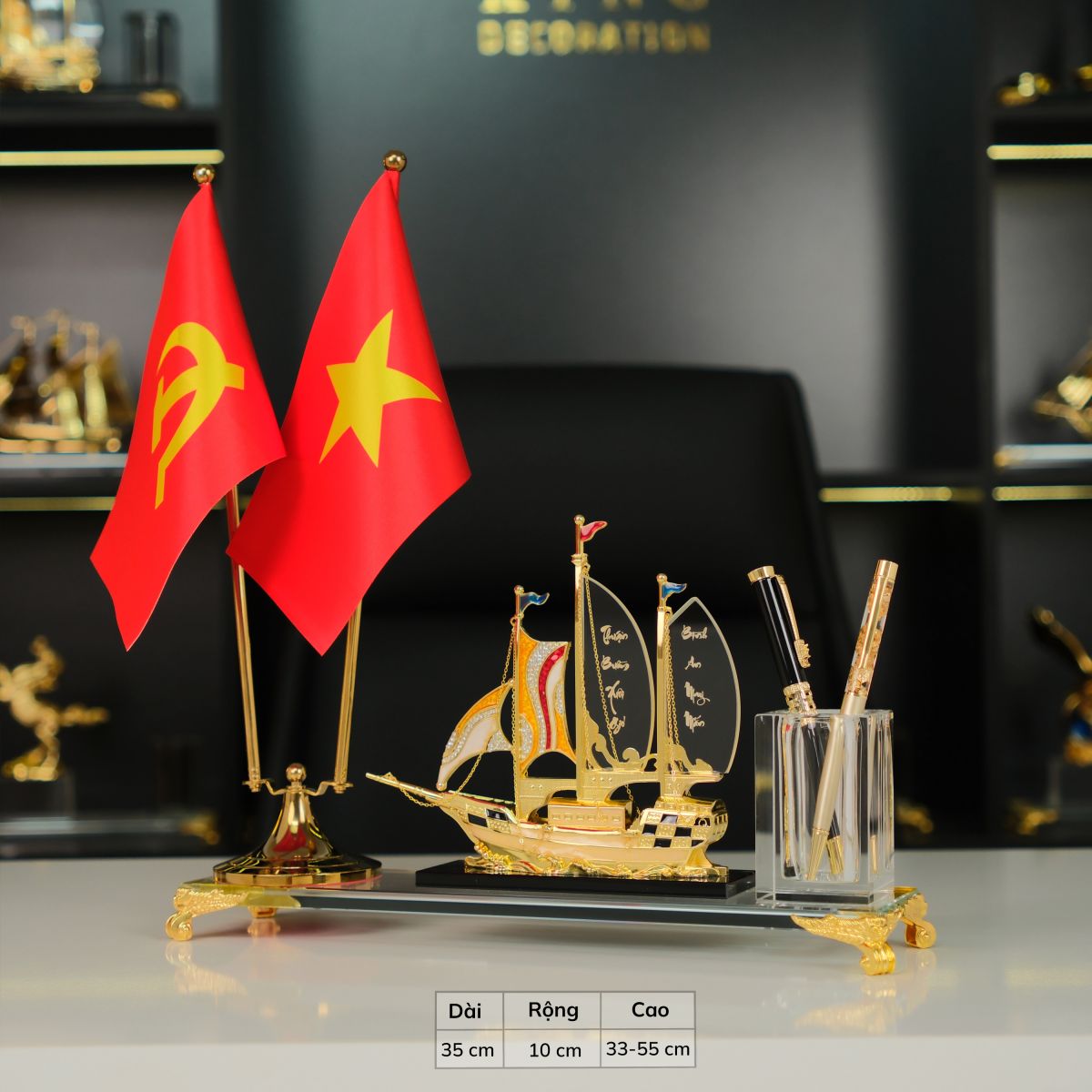 Hộp Đựng Bút Doanh Nhân Thuyền Tài Lộc Đính Đá 2 cờ - KD30